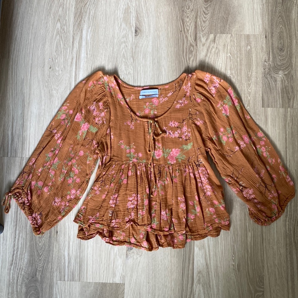 Urban outfitters long sleeve blouse, orange with pink floral, size small